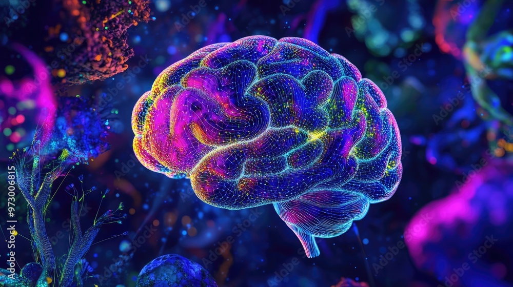 Poster abstract digital brain glowing with bright lights and surrounded by colorful patterns, set against a