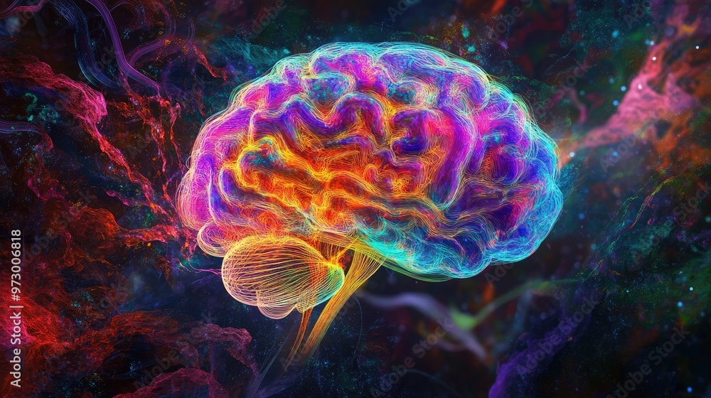 Poster abstract digital brain glowing with bright lights and surrounded by colorful patterns, set against a