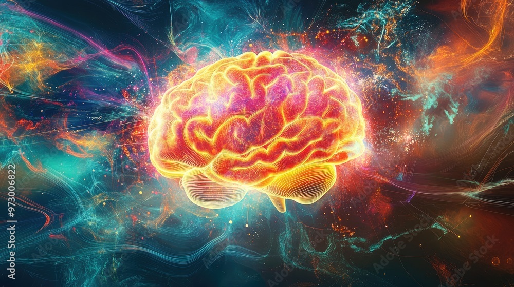 Poster abstract digital brain glowing with bright lights and surrounded by colorful patterns, set against a