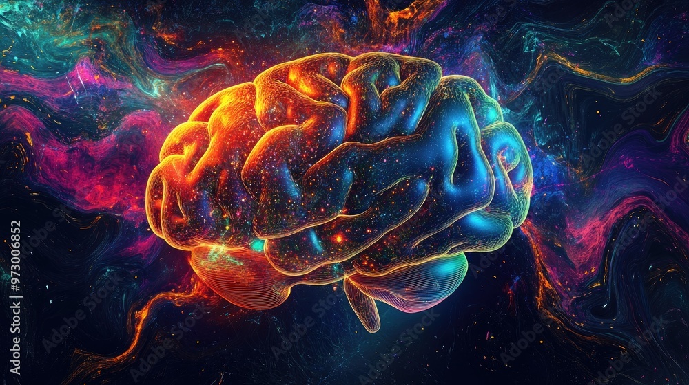 Aufkleber abstract digital brain glowing with bright lights and surrounded by colorful patterns, set against a