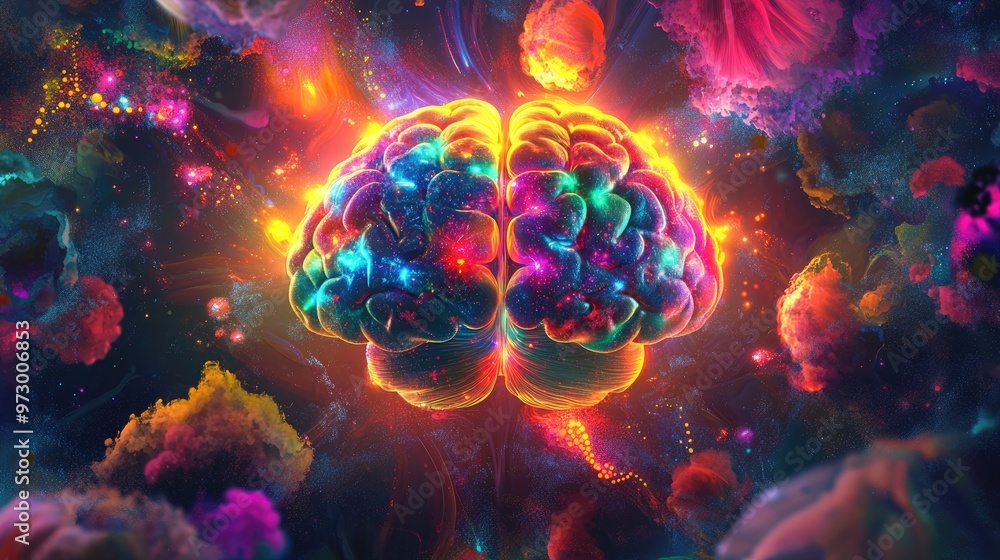 Aufkleber abstract digital brain glowing with bright lights and surrounded by colorful patterns, set against a