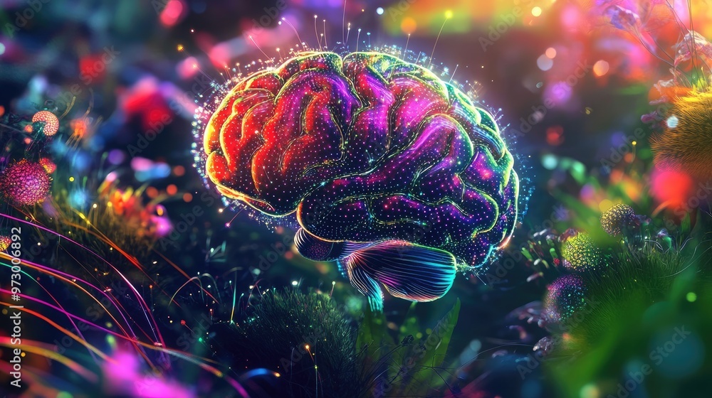 Aufkleber abstract digital brain glowing with bright lights and surrounded by colorful patterns, set against a