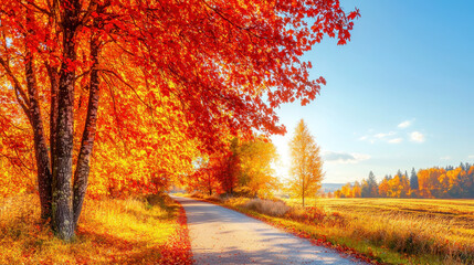 Fototapeta premium Vibrant autumn landscape featuring a winding road surrounded by colorful trees adorned with red and orange foliage