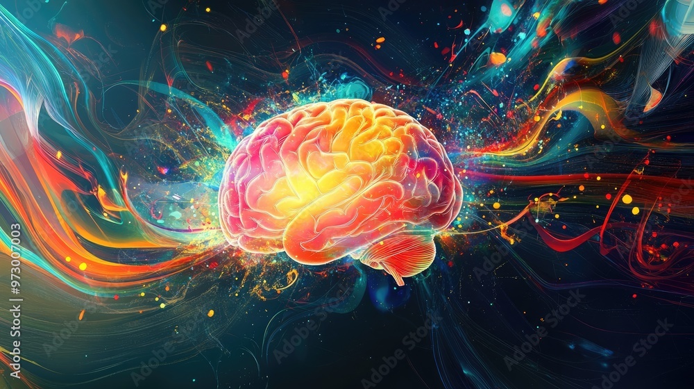 Poster abstract digital brain glowing with bright lights and surrounded by colorful patterns, set against a