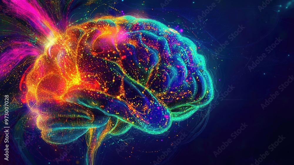 Aufkleber abstract digital brain glowing with bright lights and surrounded by colorful patterns, set against a