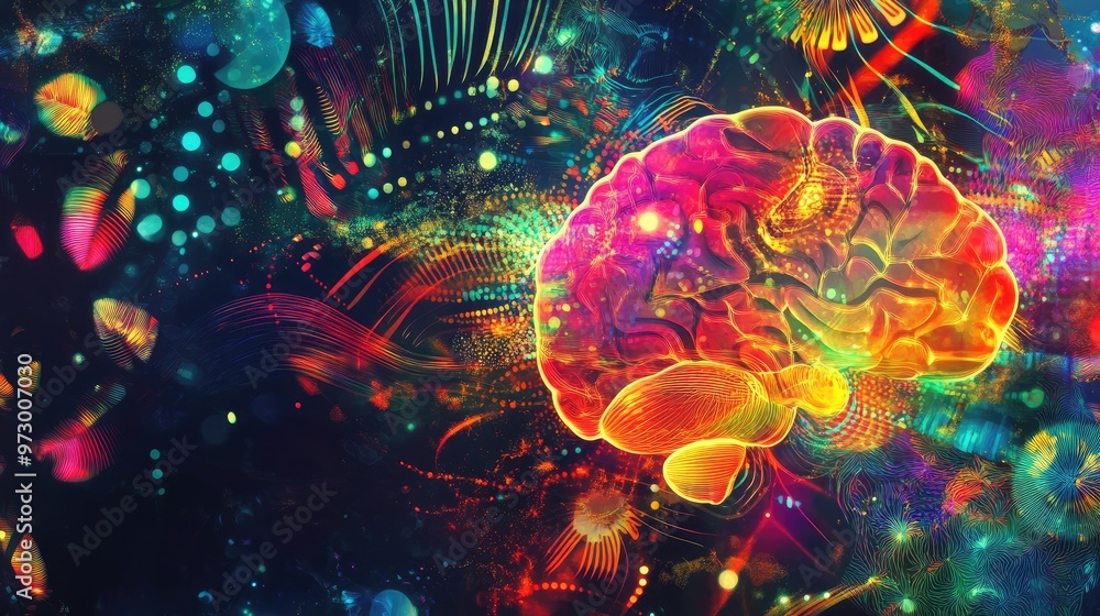 Poster abstract digital brain glowing with bright lights and surrounded by colorful patterns, set against a