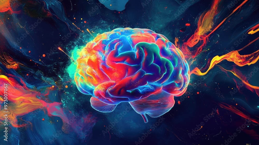 Aufkleber abstract digital brain glowing with bright lights and surrounded by colorful patterns, set against a
