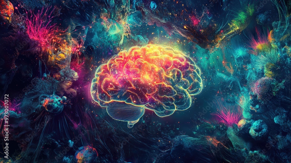 Aufkleber abstract digital brain glowing with bright lights and surrounded by colorful patterns, set against a
