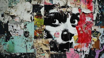 Fototapeta premium An artistic urban wall featuring a collage of posters and a striking face, conveying vibrancy and creativity in street art.