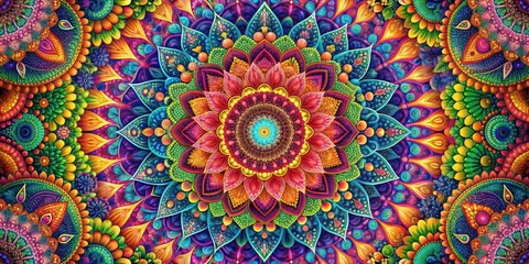 Verduisterende gordijnen Vibrant psychedelic floral mandala design featuring a mix of colorful flowers and intricate geometric patterns, psychedelic © InspireStock Gallery