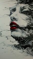 Abstract portrait of a woman with red lips and black and white swirls.
