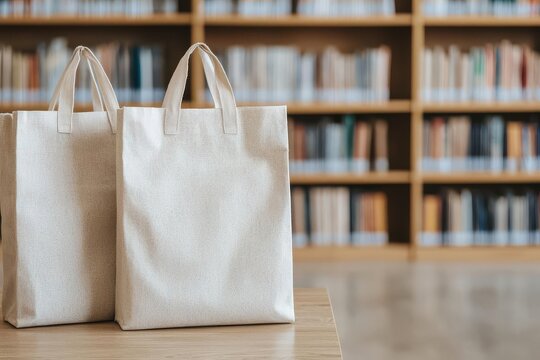 An eco-friendly library encouraging patrons to bring their own bags or offering reusable library bags to minimize single-use plastics