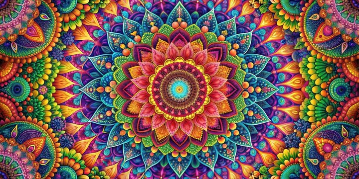 Vibrant psychedelic floral mandala design featuring a mix of colorful flowers and intricate geometric patterns, psychedelic