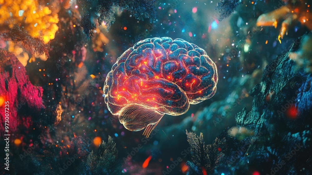Aufkleber abstract digital brain glowing with bright lights and surrounded by colorful patterns, set against a