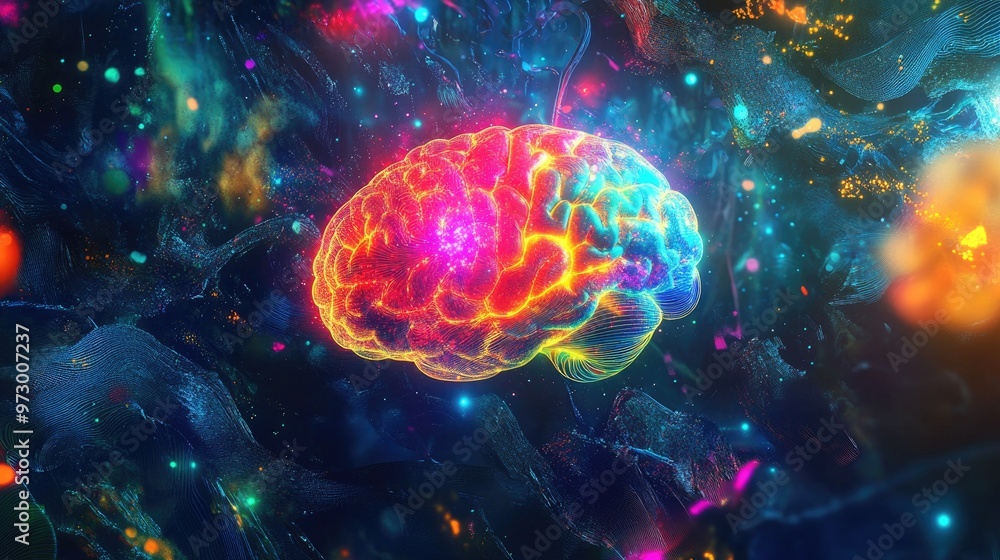 Aufkleber abstract digital brain glowing with bright lights and surrounded by colorful patterns, set against a