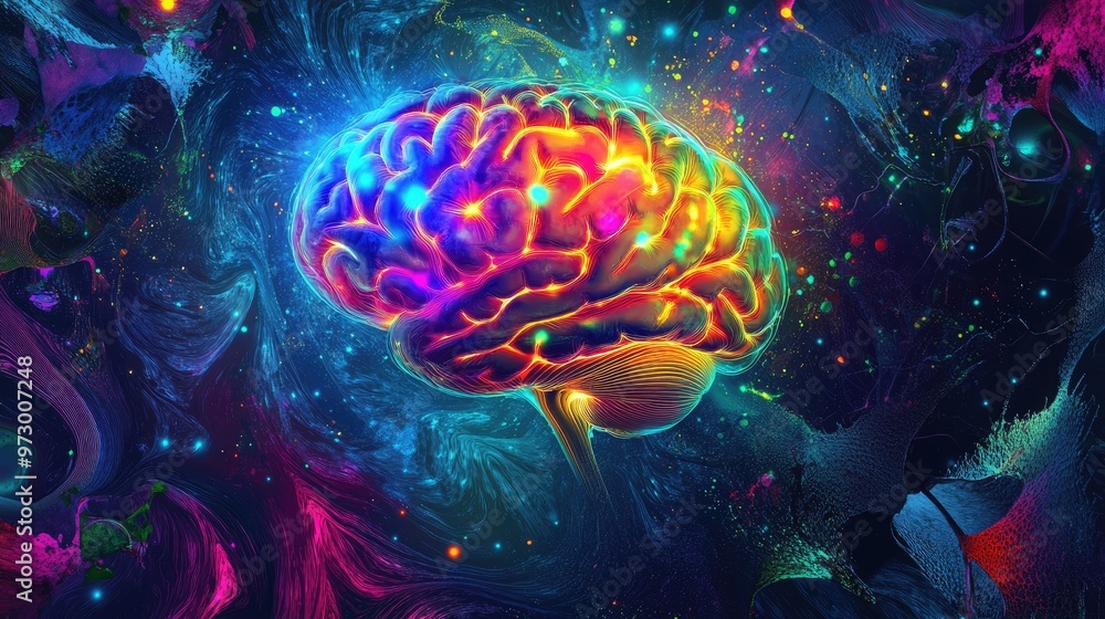 Aufkleber abstract digital brain glowing with bright lights and surrounded by colorful patterns, set against a