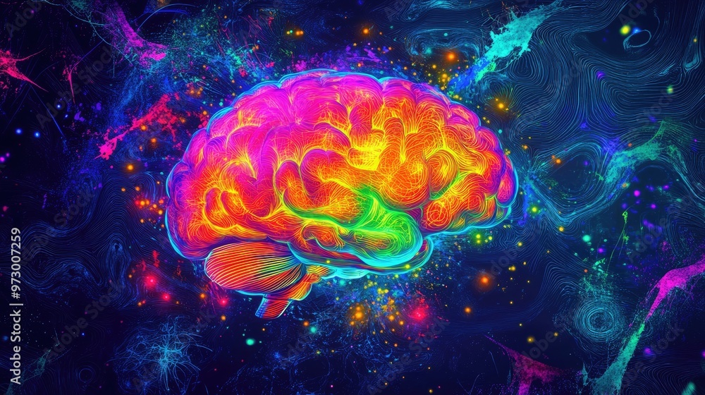 Poster abstract digital brain glowing with bright lights and surrounded by colorful patterns, set against a