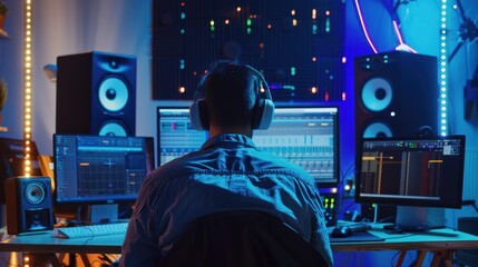 Music Producer in Studio with Blue Lights