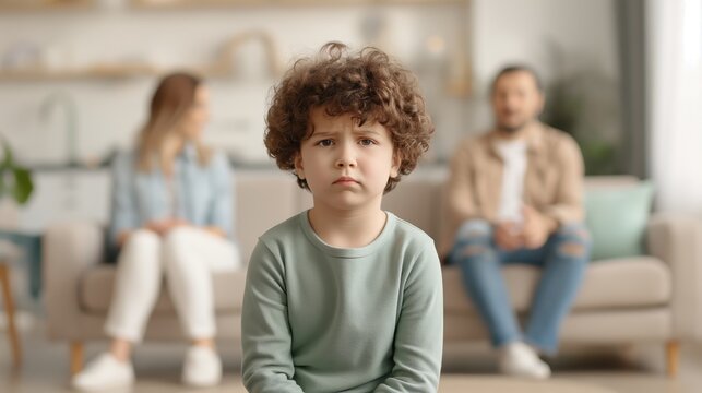 Sad young boy sitting on a couch in a cozy living room with parents in the background, depicting family issues or domestic conflict. - Powered by Adobe
