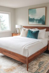 A mid-century modern interior in a white-walled bedroom with an art frame hanging from it. Generative AI