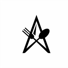 Abstract letter A logo design with illustration of spoon and fork forming a spear head in negative space.