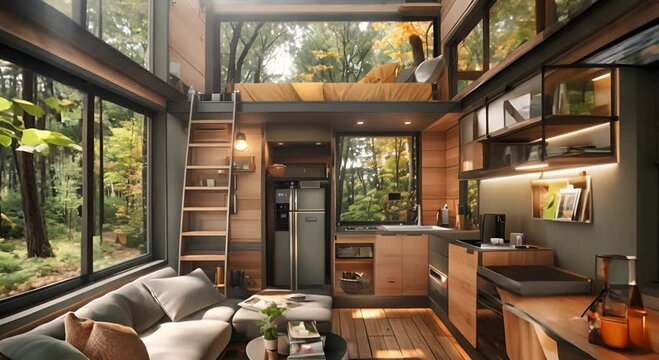 Modern Tiny Home with Loft Bedroom and Kitchen Overlooking Forest