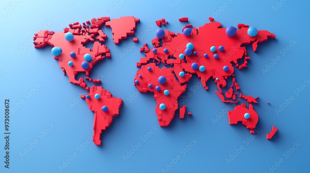 Poster a creative depiction of a world map in red with blue spheres representing global connections and int