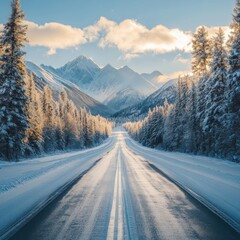 Straight Road Leading to Snowy Mountains Under Clear Blue Skies