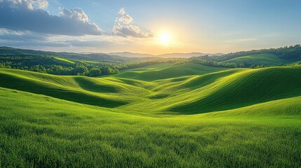 Obraz premium Serene landscape with rolling green hills and a sunset backdrop.