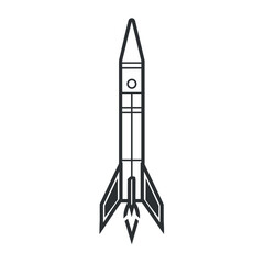 Minimalist black and white line drawing of a rocket on a white background.
