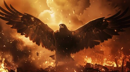 Eagle Soaring Above a Fiery Cityscape