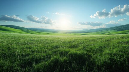 Fototapeta premium Serene landscape with rolling green hills and a bright sky.