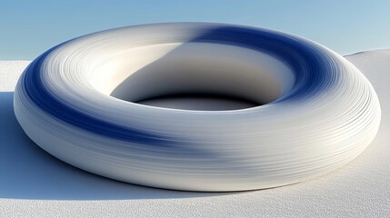 A surreal white and blue ring structure resting on a smooth surface, creating an abstract visual in a minimalist setting.