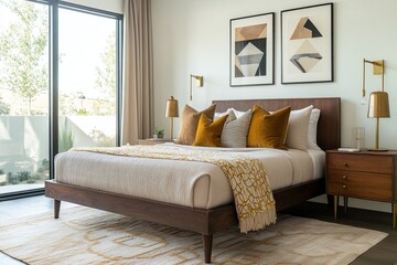 An interior photo of a cozy-looking house bedroom with a Scandinavian interior and a mid-century modern interior combination. Generative AI