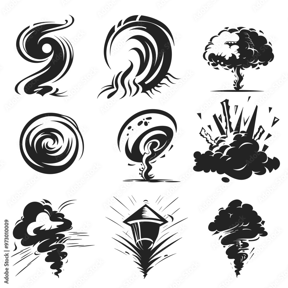 Poster black and white illustrations of various explosive and swirl designs in a dynamic artistic style.