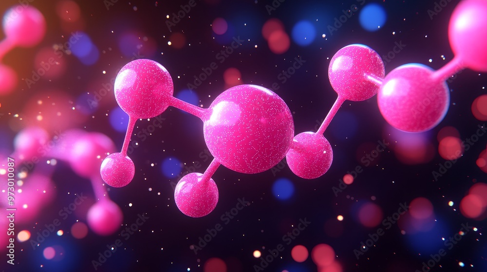 Poster a vibrant molecular structure displaying pink atoms against a colorful abstract background, represen