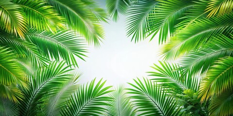 Palm tree leaves overlay texture with border of fresh green tropical plants on background, palm tree, leaves, overlay, texture