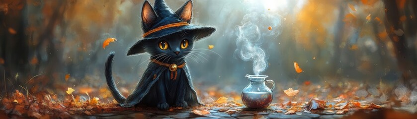 Siamese cat dressed as a witch with a bubbling potion beside her, witch cat, spooky feline