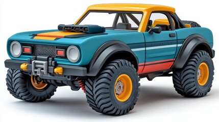 Fototapeta premium A vibrant, colorful toy car model with oversized tires, perfect for fun and imaginative play in any setting.