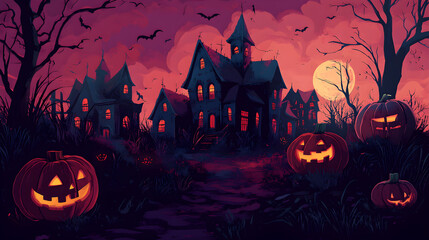 A spooky Halloween night featuring an eerie haunted house, glowing jack-o'-lanterns, and a full moon illuminating the dark sky with bats flying overhead