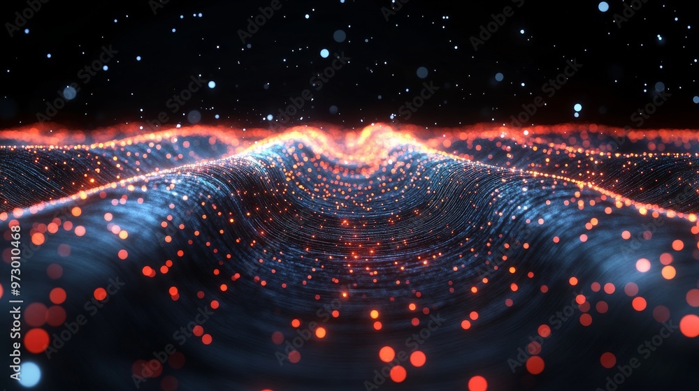 Poster abstract view of a glowing wave with vibrant particles, creating a dynamic and energetic visual expe