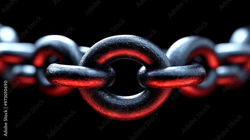 Poster close-up view of a metallic chain link with striking details and a dramatic lighting effect on a dar