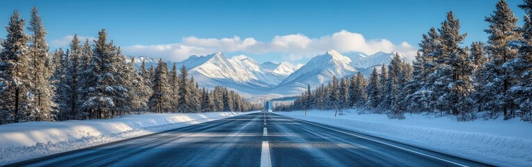 Straight Road Leading to Snowy Mountains Under Clear Blue Skies