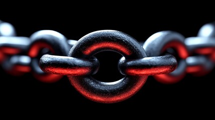 Close-up view of a metallic chain link with striking details and a dramatic lighting effect on a dark background.
