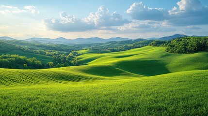 Fototapeta premium Lush green hills under a bright sky with scattered clouds.
