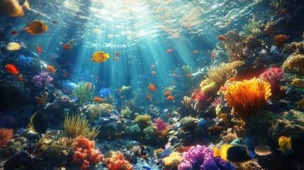 A 3D-rendered ocean floor scene depicting a coral reef teeming with colorful fish and marine life, illuminated by shafts of sunlight