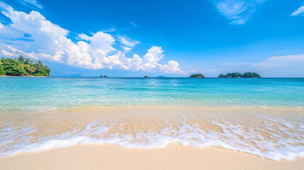 Fototapeta premium A tropical sandy beach with a blue ocean and sky