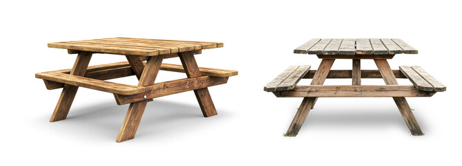 Wooden picnic table isolated on white background