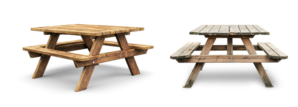 Wooden picnic table isolated on white background