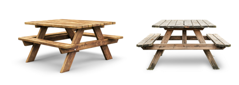 Wooden picnic table isolated on white background